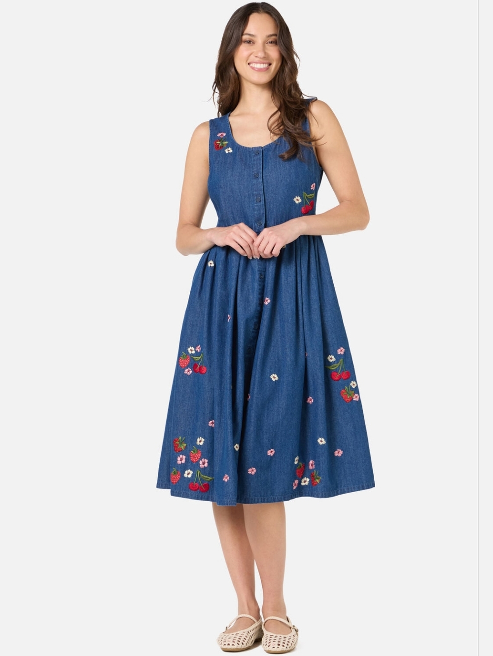 Princess Highway Berry Bloom Embroidered Denim Dress